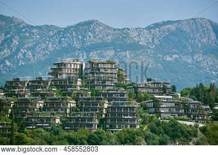 Budva, Montenegro - July 23, 2021: Luxurious Dukley Hotel Against Mountain