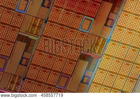 Silicon Monocrystalline Wafer With Microchips After Photolithography Etching Manufacturing Used In F