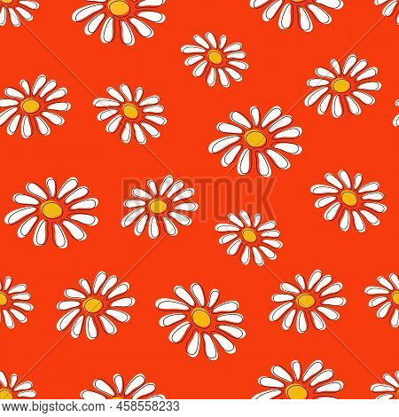 Seamless Pattern With White Daisy Flowers On Bright Orange Background Texture Vector.floral Fabric P