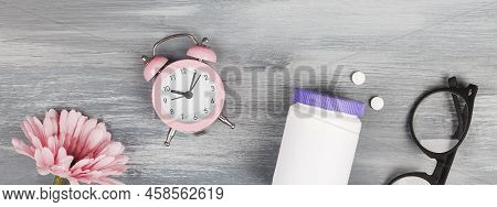 Women Health,middle Age And Menopause Concept. Health Care Style.white Plastic Bottle With Pills, Fl