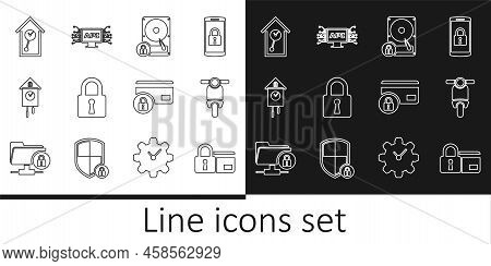 Set Line Credit Card With Lock, Scooter, Hard Disk Drive And, Lock, Retro Wall Watch, And Computer A