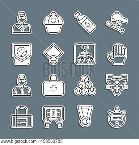 Set Line Stopwatch, Player Chest Protector, Baseball Glove, Bottle Of Water, Field, Base, Coach And 