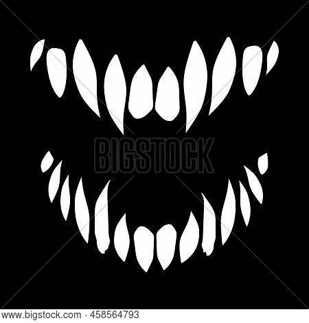 Vampire Teeth. Horror Monster Fangs Silhouette. Vector Isolated On Black Background.