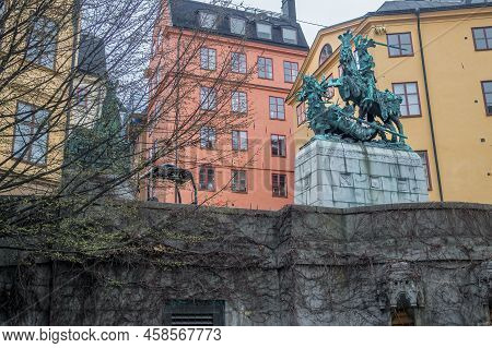 Stockholm, Sweden - 04.16.2017: Bronze Replica Of Saint George And The Dragon, Notke, Statue In Swed