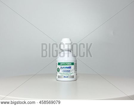 Orlando, Fl Usa - July 14, 2022:  A Bottle Of Alcon Optifree Contact Solution On A White Background.