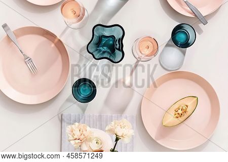 Set Of Modern Pink Utensilis On The Table, Top View