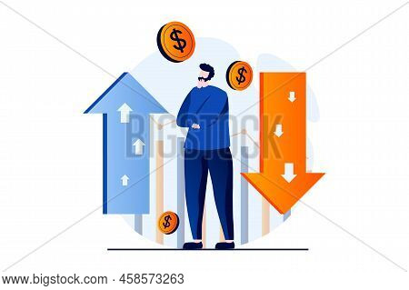Stock Market Concept With People Scene In Flat Cartoon Design. Man Thinking And Analysis Chart With 