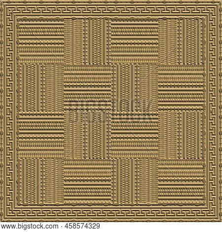 Plaid Tartan Relief 3d Seamless Pattern. Embossed Square Frames, Borders. Checkered Emboss Greek Bac
