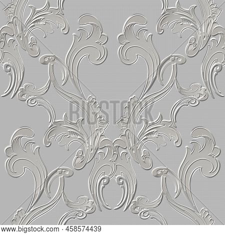 Floral Baroque White 3d Seamless Pattern. Embossed Leafy Background. Repeat Emboss Backdrop. Surface
