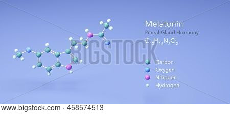 Melatonin, Pineal Gland Hormony. Structural Chemical Formula And Atoms With Color Coding, 3d Renderi