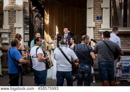Novi Sad, Serbia - June 25, 2022: Roma Band Playing Music During A Wedding In Strets Of Novi Sad, Vo