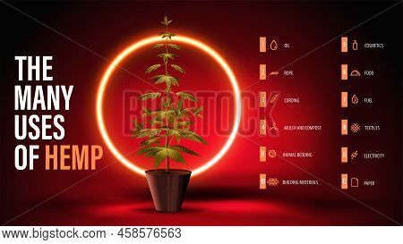 The Many Uses Of Hemp, Red Poster With Greenbush Of Cannabis Plant In Red Scene With Yellow Neon Rin