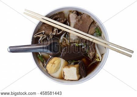 Above View Of Food Menu In Thailand. Chinese Roll Noodle Soup Or Name Of Kway Chap  Of Thailand. Gar