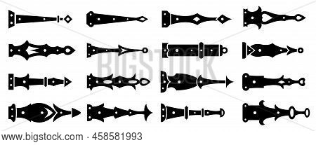 Decorative Antique Black Arrow Hinges Set Vector Flat Illustration. Vintage Accents For Garage
