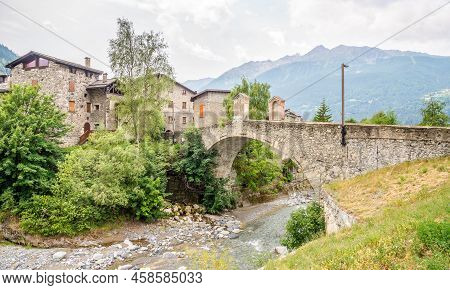 View At The Combo Bridge Over Adda River In Bormio, Italy
