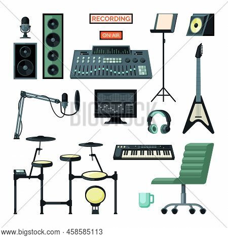 Music Instruments. Audio Record Studio Devices Amplifier Recorder Microphone And Rock Guitar Synthes