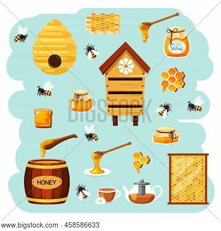 Apiary. Wax Honey Bee Apiary Farm Natural Eco Product For Healthy Lifestyle. Vector Template