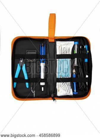 A Soldering Toolset In A Black Case Isolated In A White Background.black Bag With Soldering Accessor