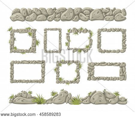 Stone Borders And Frames. Old Broken Rocks For Computer Games, Concrete Grass Floor And Mosaic Road.