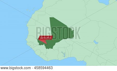 Map Of Mali With Pin Of Country Capital. Mali Map With Neighboring Countries In Green Color.