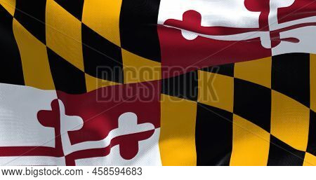The Us State Flag Of Maryland Waving In The Wind. Maryland Is A State In The Mid-atlantic Region Of 