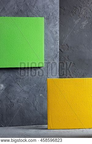 Brght Tile Near Concrete Background Texture. Cement Wall Surface