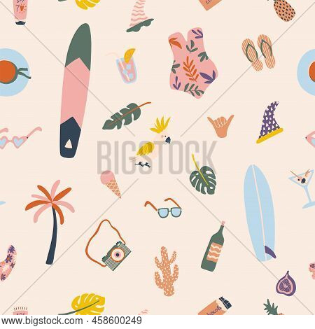 Summer Seamless Pattern With Elements For A Beach Holiday. Hawaiian Background For Textile, Fabric, 