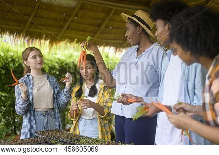 Group Of Mixed Race Students And Teacher Learning Agriculture  Technology In Smart Farming , Educati