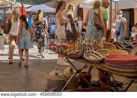 Santanyi, Spain; July 09 2022: Weekly Street Market In The Majorcan Town Of Santanyi, Spain. Stalls 
