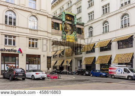 Vienna, Austria - October 2021: Ancient Anker Clock (ankeruhr) On Hoher Markt Square