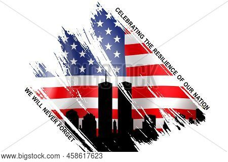 911, Patriot Day Background. Patriot Day Banner With New York Skyline And Text Never Forget Close Up