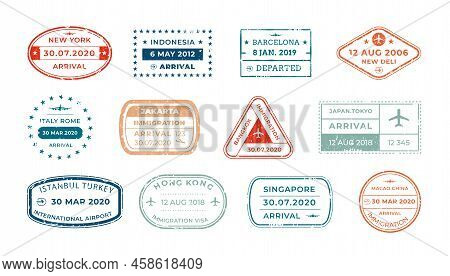 Passport Stamps Visa Arrival Deportation And Visiting Countries. Traveler Set Of Stickers With Aged 