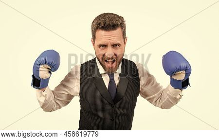 Successful Ceo Boxer. Relentless Struggle And Success. Shouting Man Ready For Corporate Battle