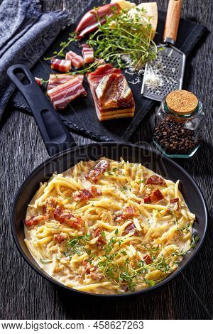 Capunti Pasta In Cream Pecorino Cheese And Pancetta Sauce On Pan On Dark Wooden Table With Ingtredie