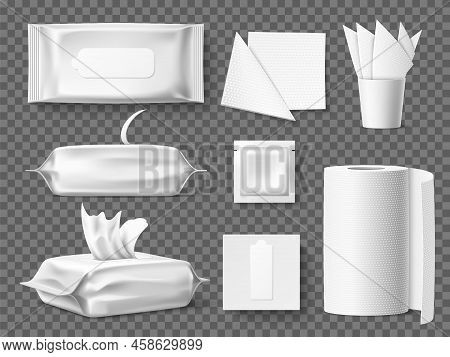 Realistic Wet Wipes Packages. Cosmetic Remover, Antibacterial And Baby Hygiene, Kitchen Blank White 
