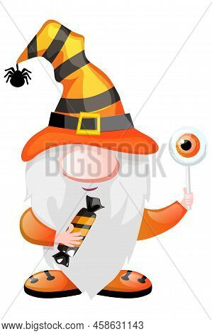 Orange Gnome With Candy And Lollipop For Halloween Day.
