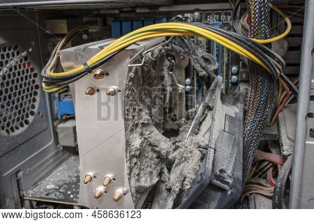 Close-up Of A Cpu Cooling System Heatsink Contaminated With Dust That Can No Longer Cool The Compute