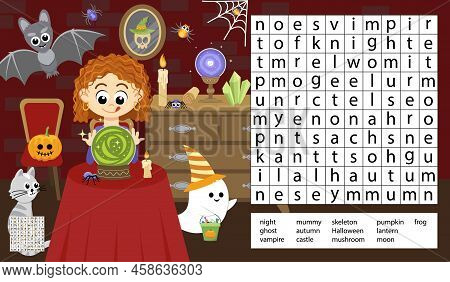Witch. Soothsayer. Halloween Word Search Game Puzzle For Kids. Cartoon, Vector