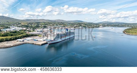 Aerial View Of Killybegs With Huge Cruise Ship In County Donegal - Ireland - All Brands And Logos Re