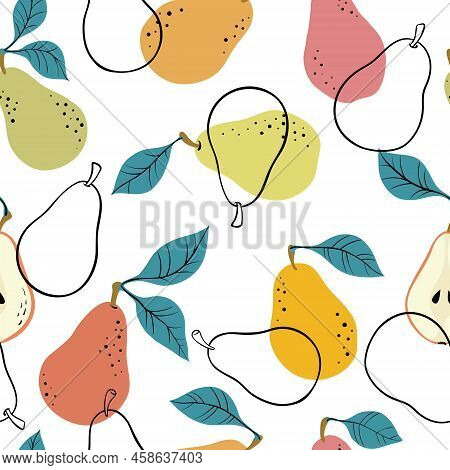 Seamless Pattern With Yellow And Green Pears And Pear Slices. Hand Drawn Pears Pattern On White Back