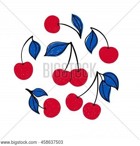 Tropical Set Doodle Red Cherry. Hand Drawn Berries Cherry Isolated On White Background. For Fabric, 