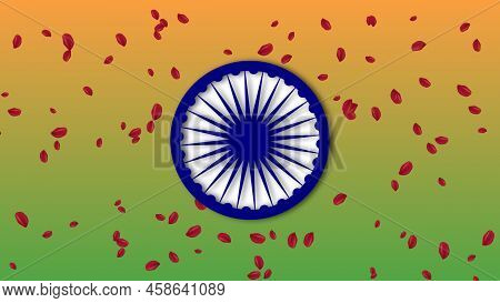 Rose Flower Rain On Ashok Chakra On Indian Flag Gradient Colour.