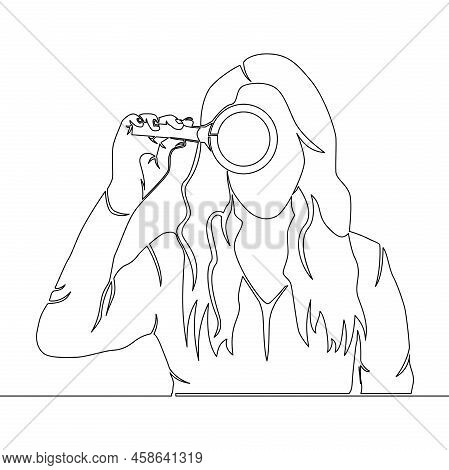 Continuous One Single Line Drawing Young Woman Using Magnifying Glass Searching Internet Data Icon V