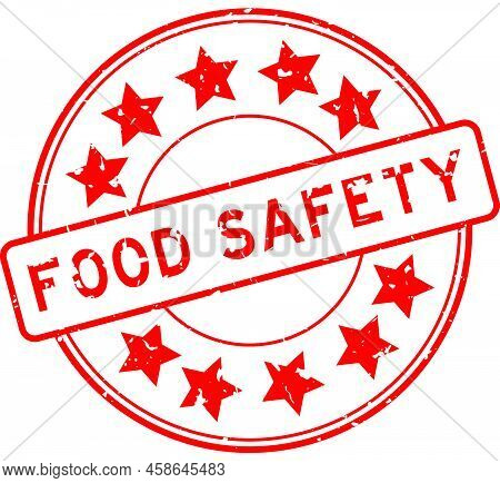 Grunge Red Food Safety Word With Star Icon Round Rubber Seal Stamp On White Background