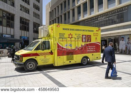 Jerusalem, Israel - June 2nd, 2022: A Blood Donation Ambulance Of The Magen David Adom Organization,