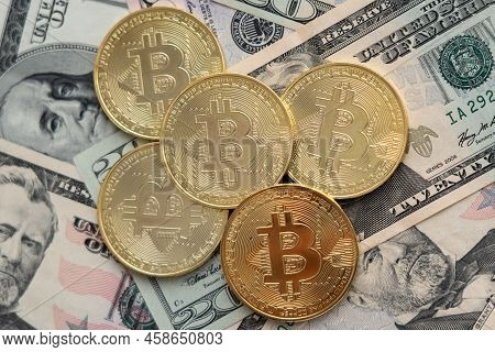 American Dollars And Bitcoin Coins, Money Concept