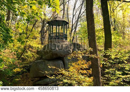 Autumn Landscape With Summer House And Yellow Trees, Sofievka Park, Uman, Ukraine
