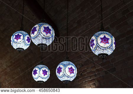 Arabic Glass Blue Decorative Lamps In Dark Room