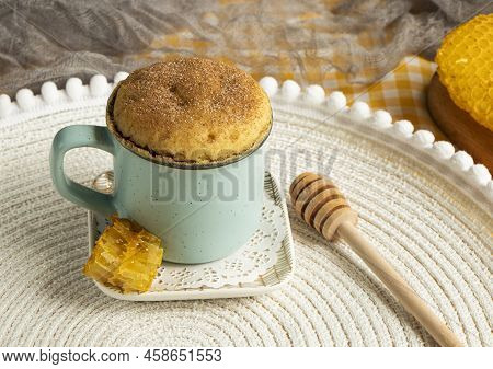 Vanilla Mugcake With Honey. Cupcake In A Mug, Microwaved. Dessert For Breakfast
