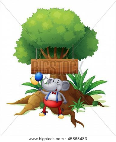 Illustration av en elefant under trädet med en trä skylt på en vit bakgrund